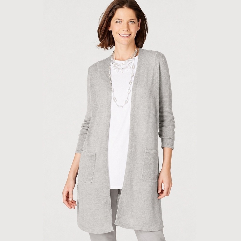 J. Jill Linen Blend Cardigan Sweater L Gray Long Light Open Front Pockets Duster